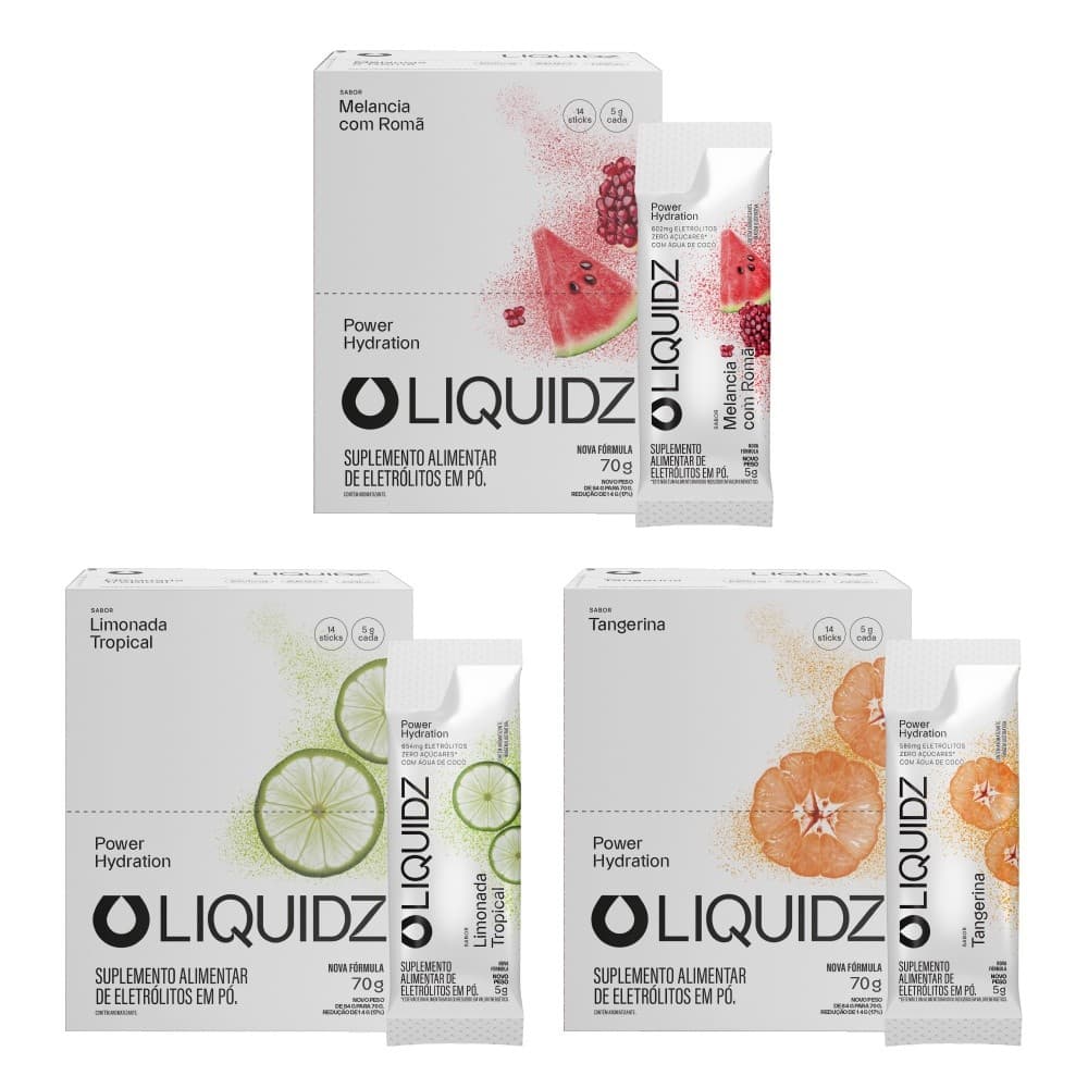 LIQUIDZ® - Eletrólitos Zero Açúcares - 3 Sabores - Kit 3 Caixas - 42 sachês