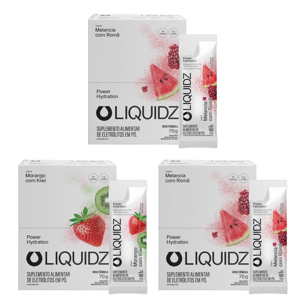 LIQUIDZ® - Eletrólitos Zero Açúcares - Morango | Melancia - Kit 3 Caixas - 42 sachês