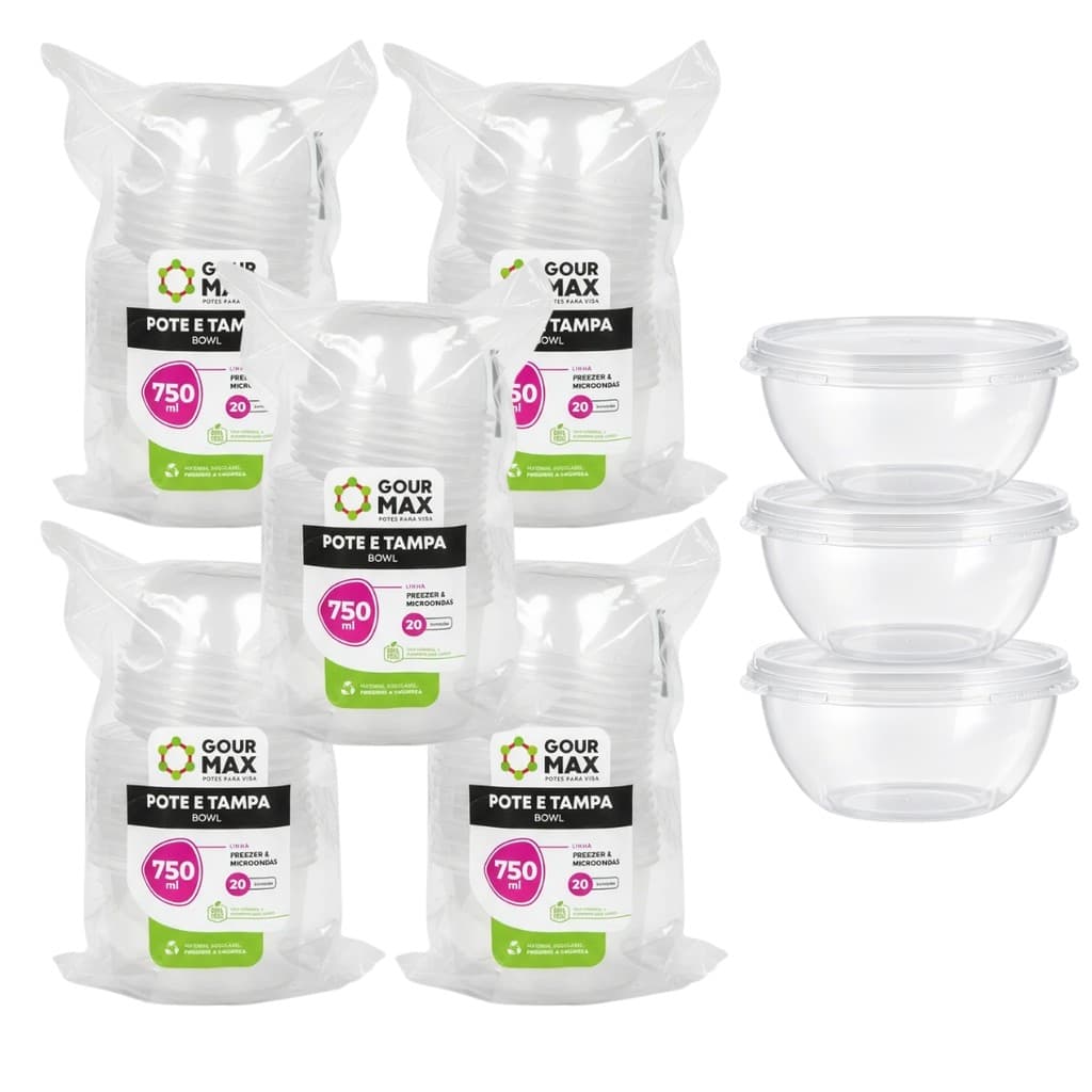 Kit Potes Bowl Descartáveis 750ml 100un Freezer Microondas GourMax Resistente BPA Free Multiuso Cozinha Delivery Marmita