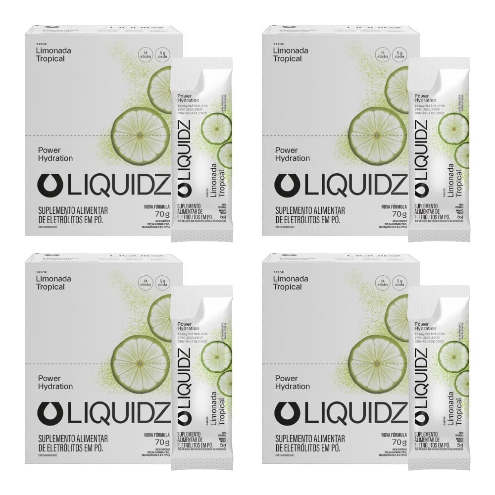 LIQUIDZ® - Eletrólitos Zero Açúcares - Limonada Tropical - Kit 4 Caixas - 56 sachês