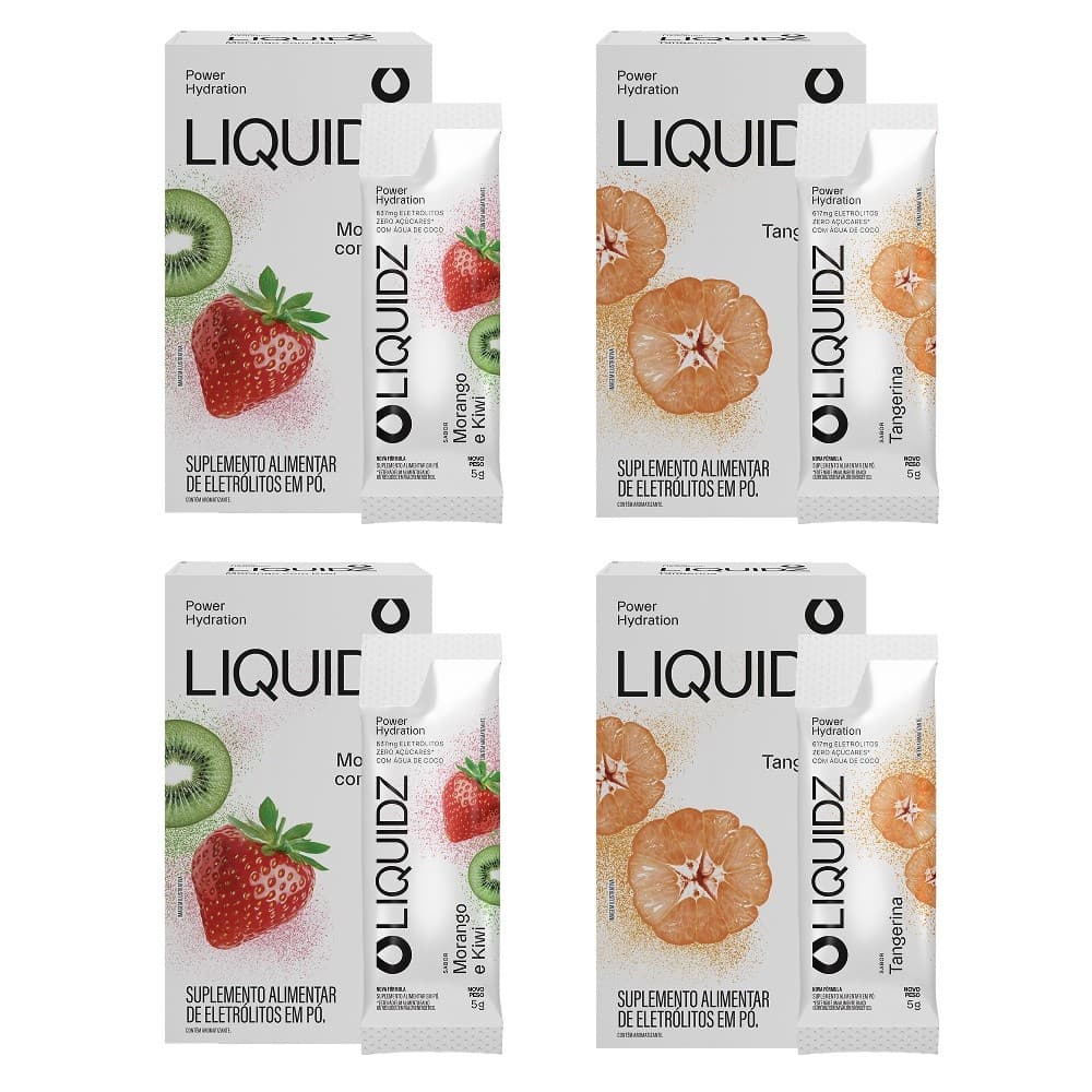 LIQUIDZ® - Eletrólitos Zero Açúcares - Morango | Tangerina - Kit 4 Caixas 24 sachês