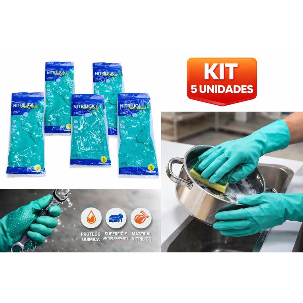 Kit 5 Luva Nitrílica Verde COM FORRO Louça Cozinha Limpeza Produto Químico Antialergica / VOLK Ca 16313
