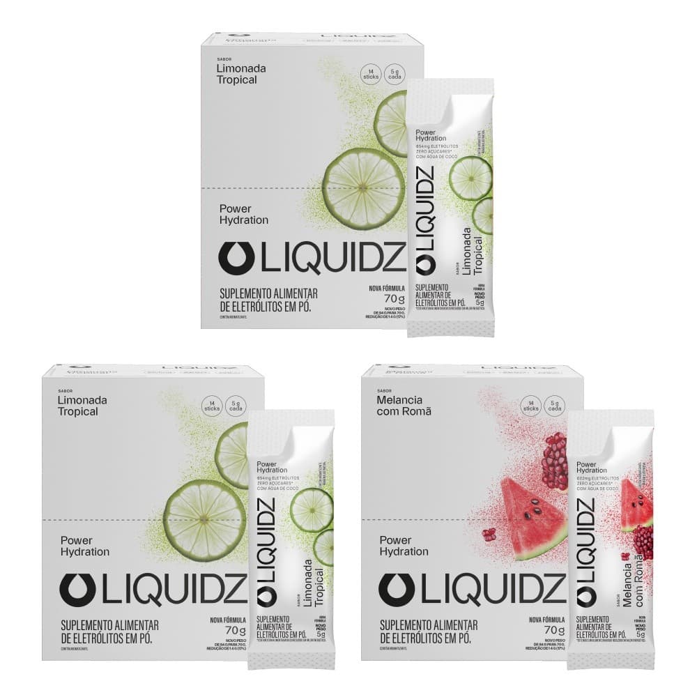 LIQUIDZ® - Eletrólitos Zero Açúcares - Limonada | Melancia - Kit 3 Caixas - 42 sachês