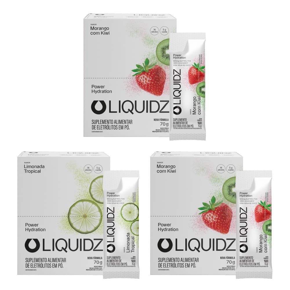 LIQUIDZ® - Eletrólitos Zero Açúcares - Morango | Limonada- Kit 3 Caixas - 42 sachês