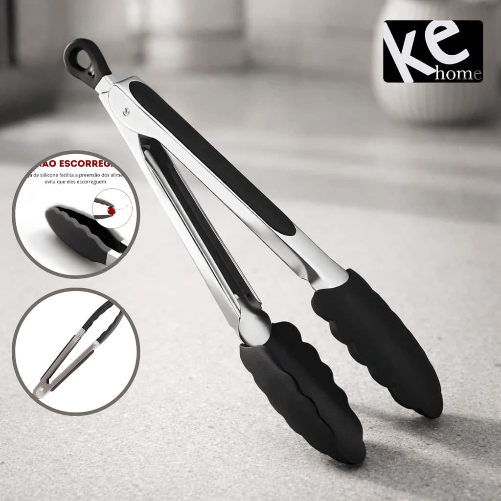 Pegador de Salada com Trava Silicone Aço Inox 27cm – KeHome / Cozinha Mesa Saladas Massas Utensílio