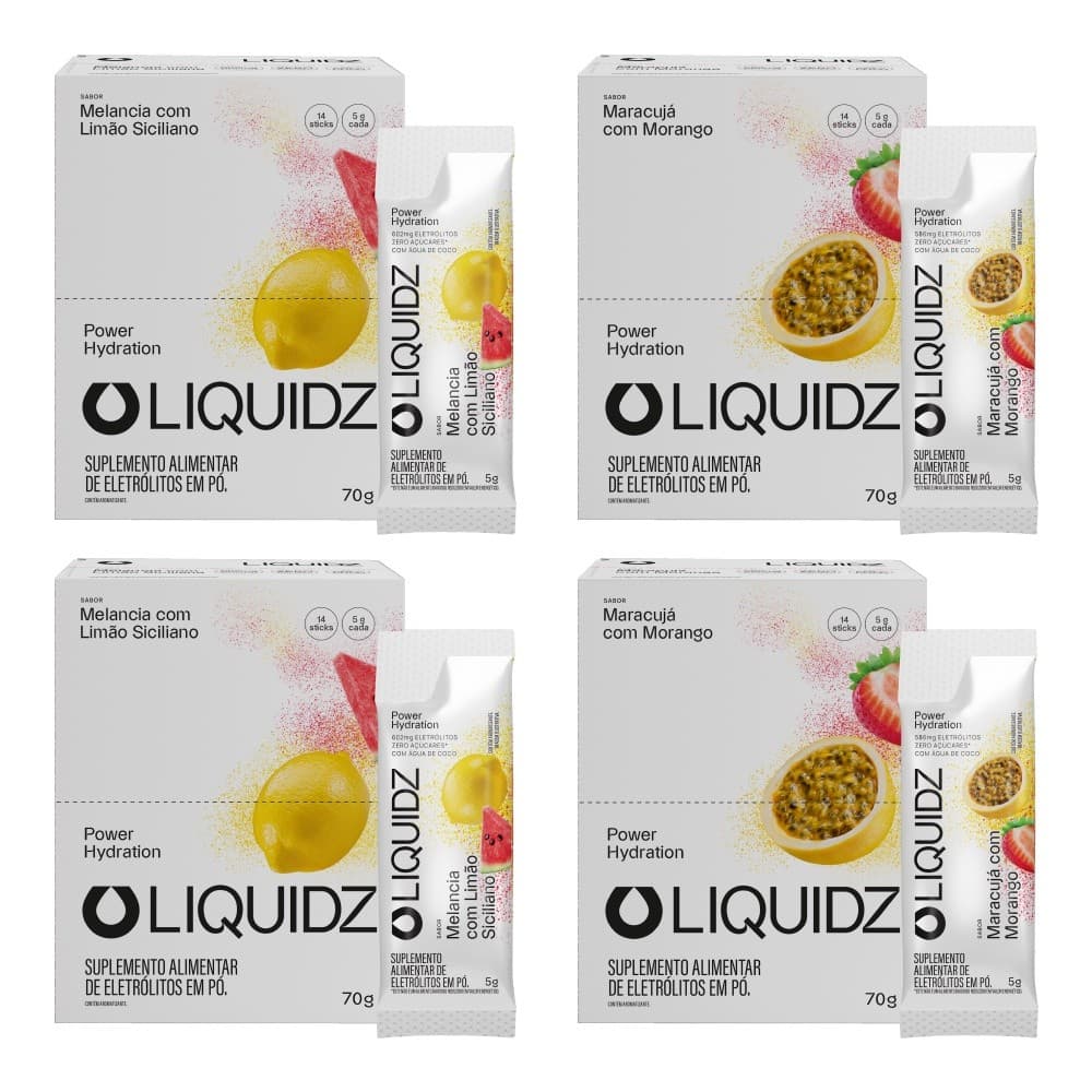 LIQUIDZ® - Eletrólitos Zero Açúcares - Limão Siciliano | Maracujá - Kit 4 Caixas - 56 sachês