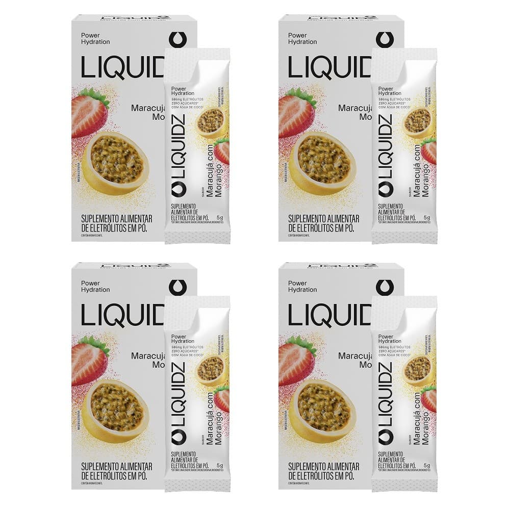 LIQUIDZ® - Eletrólitos Zero Açúcares - Maracujá com Morango - Kit 4 Caixas - 24 sachês