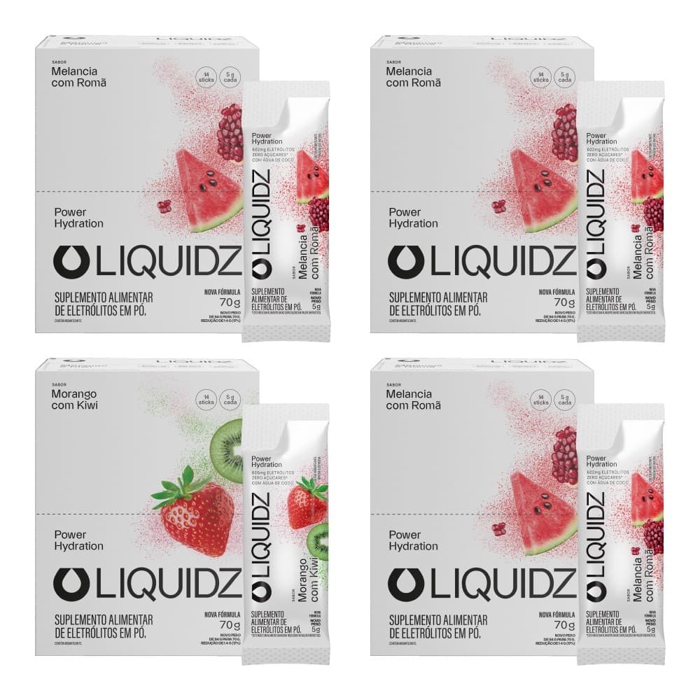 LIQUIDZ® - Eletrólitos Zero Açúcares - Morango|Melancia - Kit 4 Caixas - 56 sachês