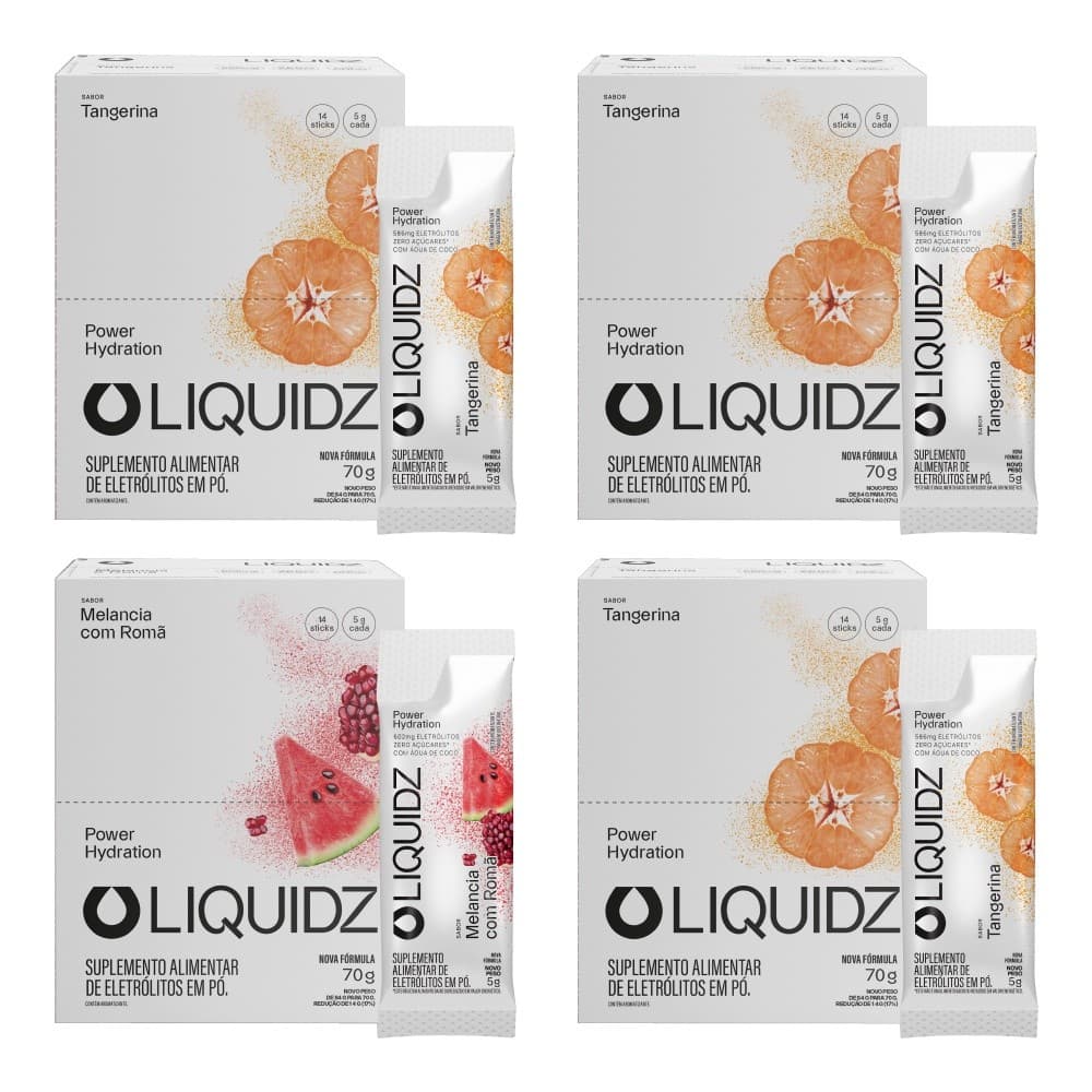 LIQUIDZ® - Eletrólitos Zero Açúcares  Melancia | Tangerina - Kit 4 Caixas - 56 sachês