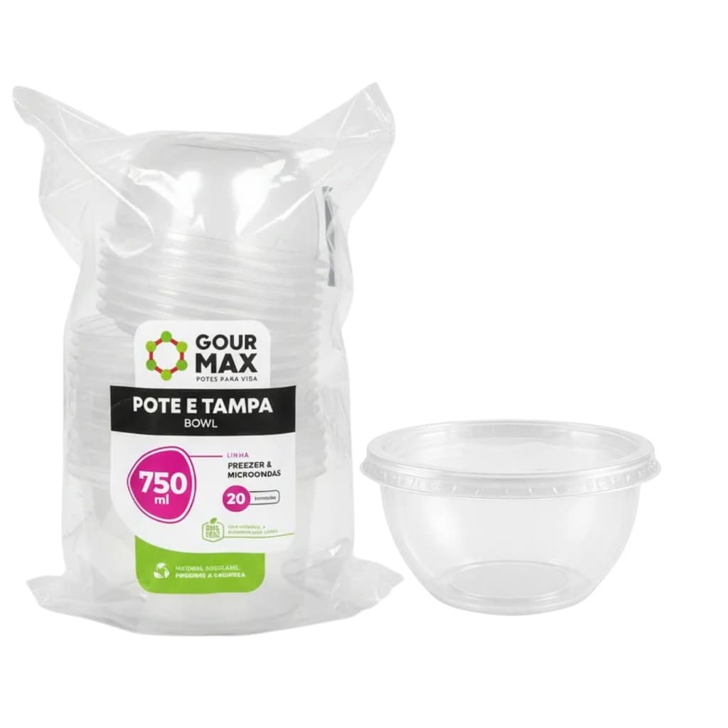 Pote Bowl Descartável Empilhável BPA Free Ideal Pra Freezer Microondas Refeição Fitness Delivery De Poke Sopa 750ml 20un