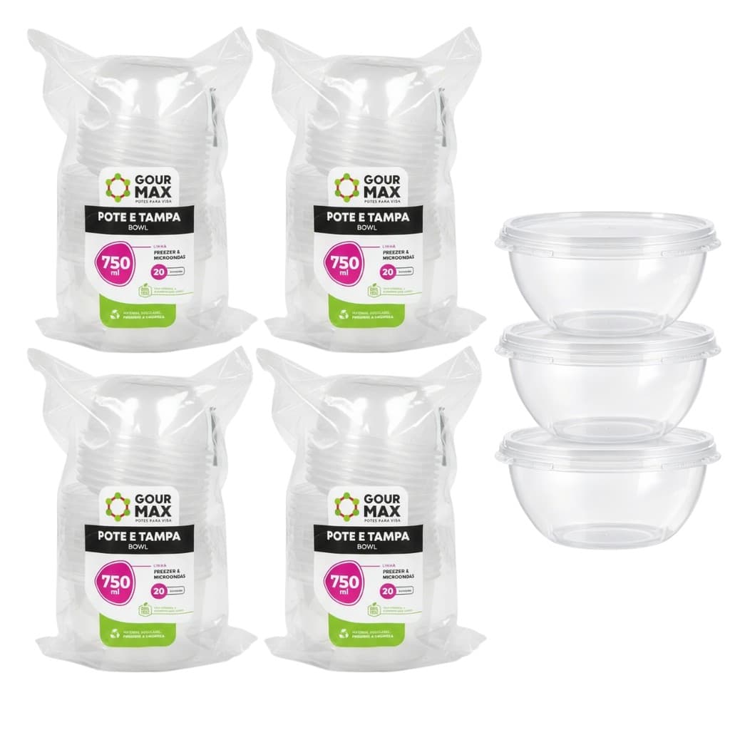 Potes Bowl Descartáveis 750ml 80un GourMax Freezer Micro-ondas Resistentes Ideais para Marmitas Armazenamento e Delivery