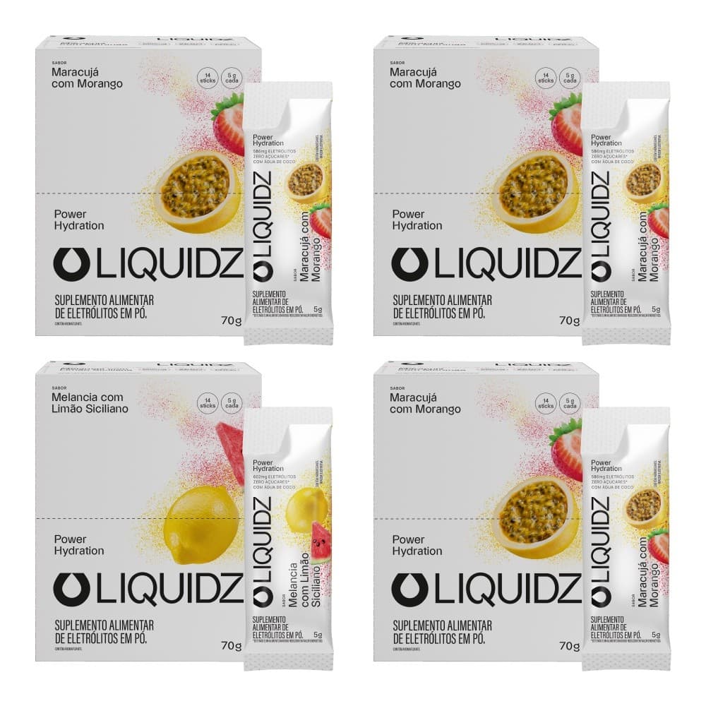 LIQUIDZ® - Eletrólitos Zero Açúcares - Limão Siciliano e Maracujá - Kit 4 Caixas - 56 sachês