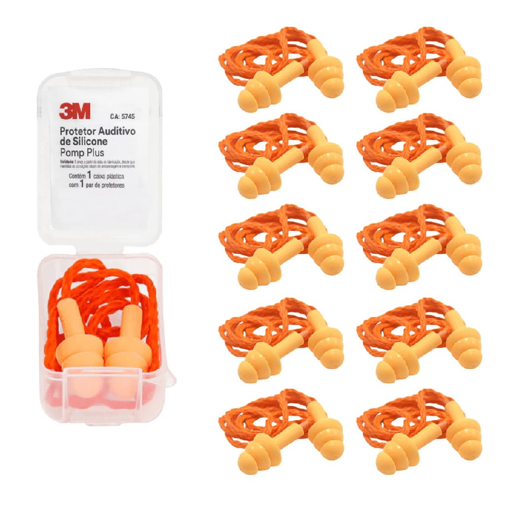 Protetor Auricular 3M Pomp Plus Silicone 19dB com Cordão 3 Flanges Reutilizável Lavável 5745