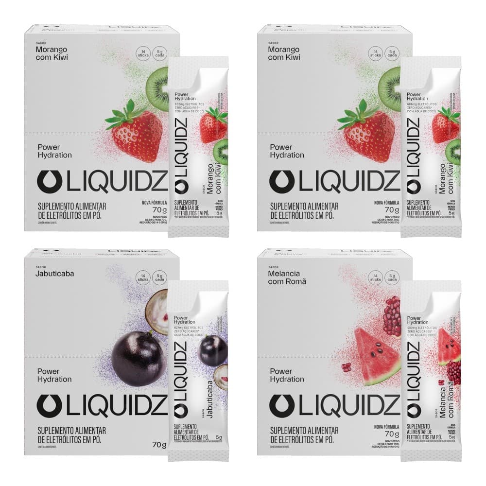 LIQUIDZ® - Eletrólitos Zero Açúcares 3 Sabores  Kit 4 Caixas - 56 sachês