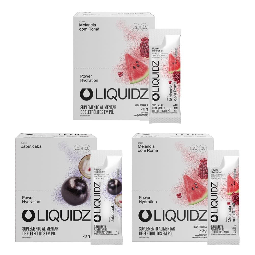 LIQUIDZ® - Eletrólitos Zero Açúcares -  Melancia | Jabuticaba - Kit 3 Caixas - 42 sachês