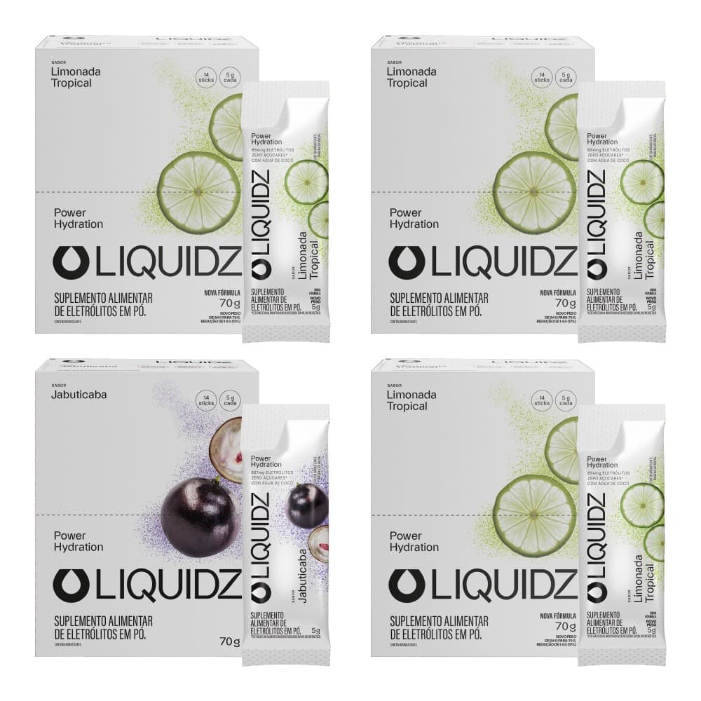 LIQUIDZ® - Eletrólitos Zero Açúcares - Jabuticaba | Limonada - Kit 4 Caixas - 56 sachês
