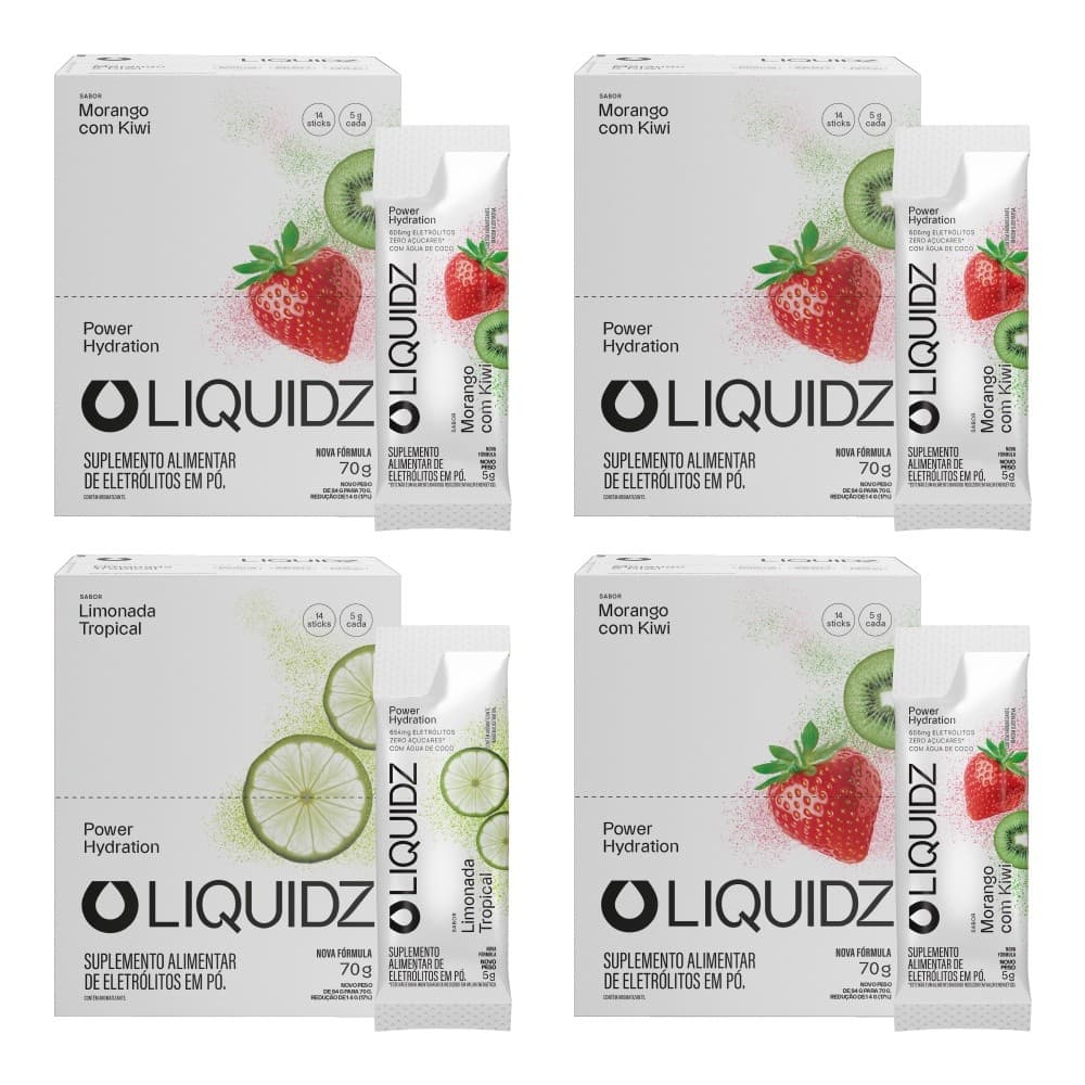 LIQUIDZ® - Eletrólitos Zero Açúcares - Limonada|Morango - Kit 4 Caixas - 56 sachês