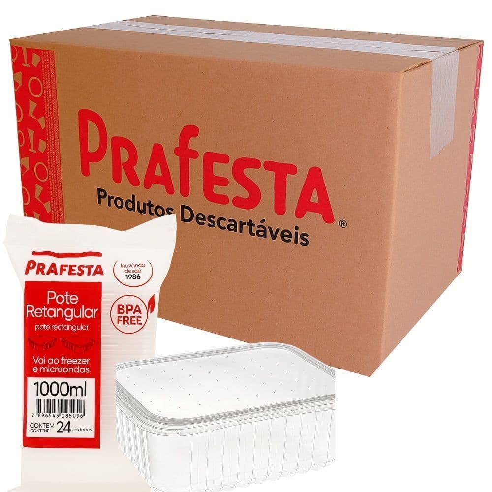 POTE RETANGULAR 1000ML PRAFESTA 6X24 144UNID – POTE DESCARTÁVEL PARA ALIMENTOS, FESTAS E DELIVERY