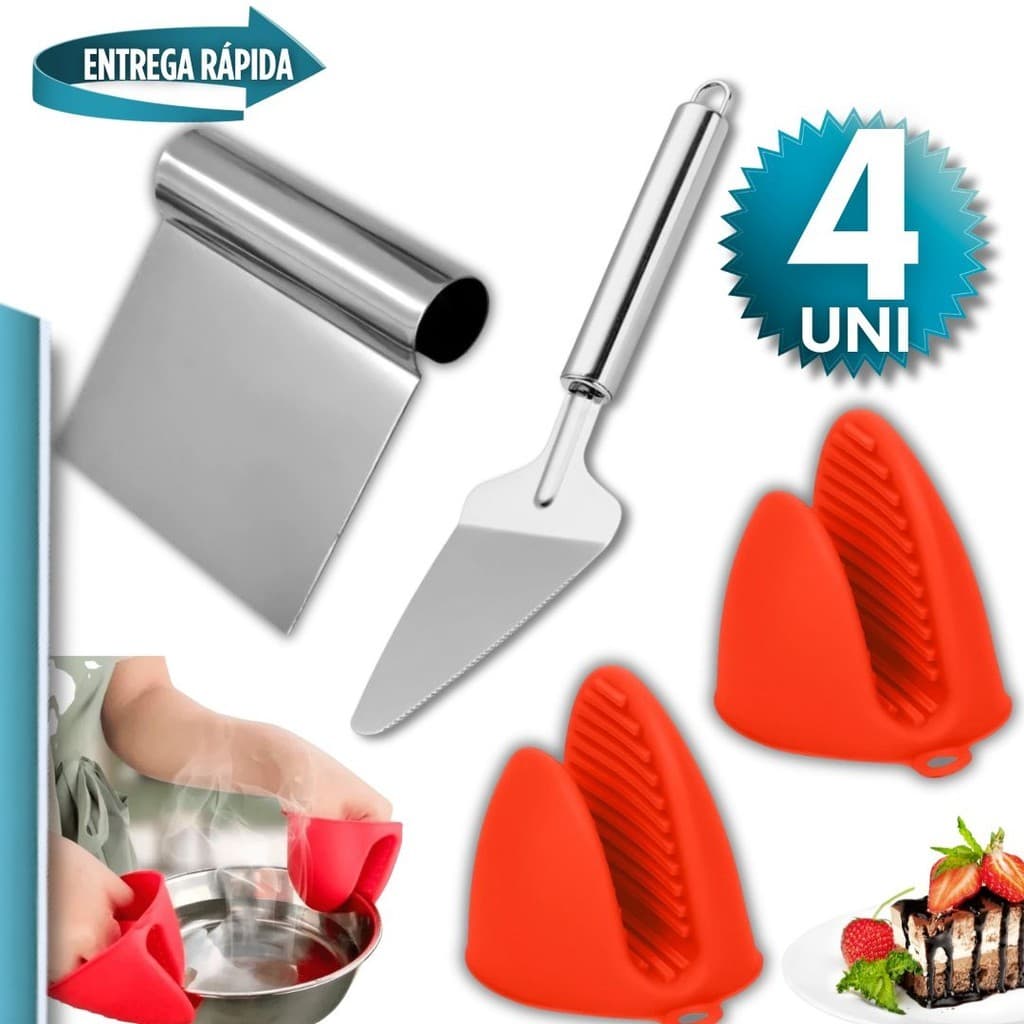 KIT 4 Confeiteiro Espátula Tubolar raspador de massa, Espatula de Bolo em Inox ,Luva Térmica Bico de Pato para Forno