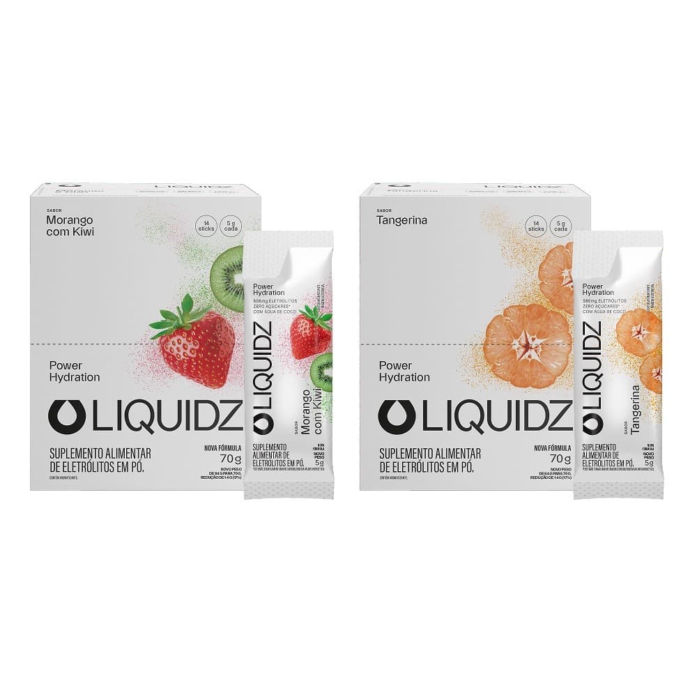 LIQUIDZ® - Eletrólitos Zero Açúcares - Morango|Tangerina - Kit 2 Caixas - 28 sachês
