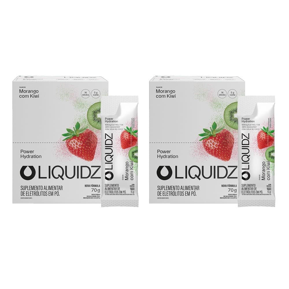 LIQUIDZ® - Eletrólitos Zero Açúcares - Morango com Kiwi - Kit 2 Caixas - 28 sachês