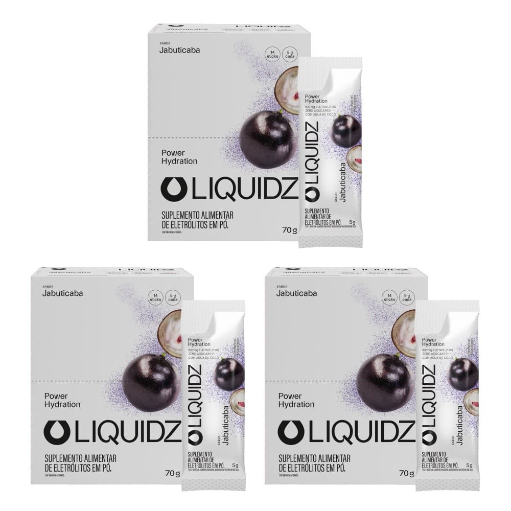 LIQUIDZ® - Eletrólitos Zero Açúcares - Jabuticaba - Kit 3 Caixas - 42 sachês