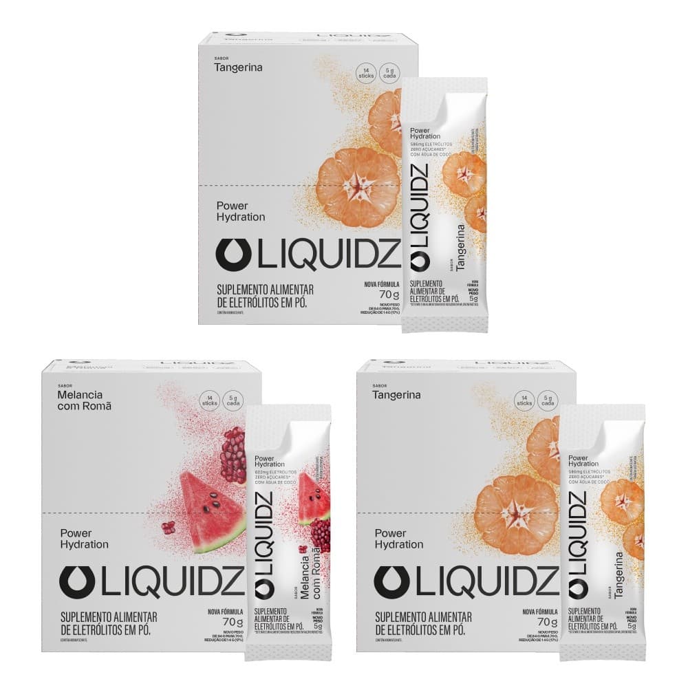 LIQUIDZ® - Eletrólitos Zero Açúcares - Tangerina | Melancia  - Kit 3 Caixas - 42 sachês