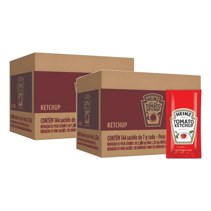 2 Ketchup Em Sachê 7g Heinz - Caixa Com 144 Sachês 1,008kg