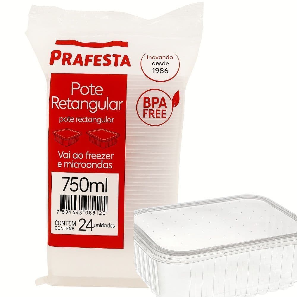 POTE RETANGULAR 750ML PRAFESTA 24UNID – POTE PLÁSTICO DESCARTÁVEL PARA ALIMENTOS, FESTAS E DELIVERY