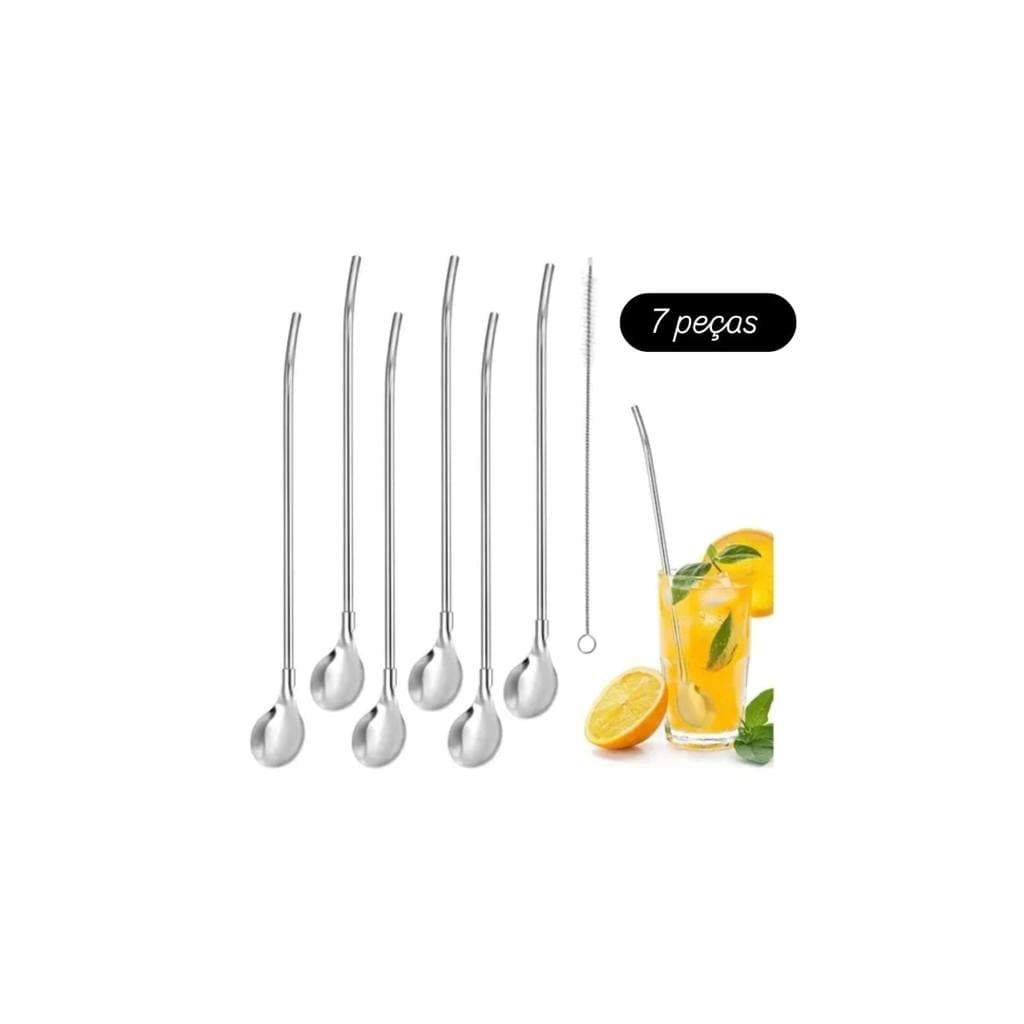 Kit com 6 Colher Canudo em Aço Inox com Escova. Material Ecológico e Reutilizável. Ideal para Sucos, Vitaminas, Batidas.