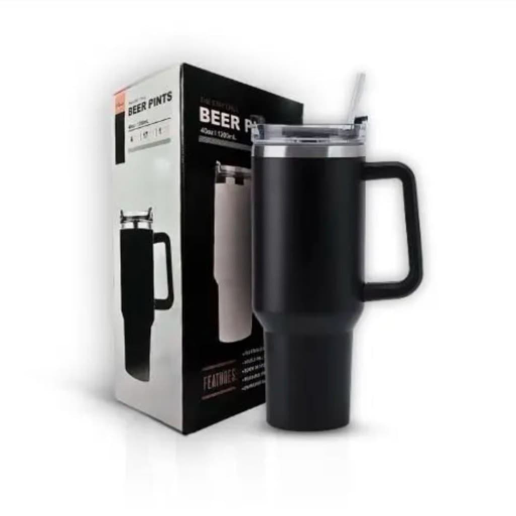 Copo Térmico 1,2L Preto c/ Tampa e Canudo Prático