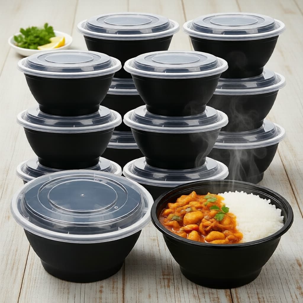 50 Unidades – Potes Redondos de Plástico 1,4L com Tampas – Livre de BPA, Descartáveis, para Marmita/Delivery – Podem Ir
